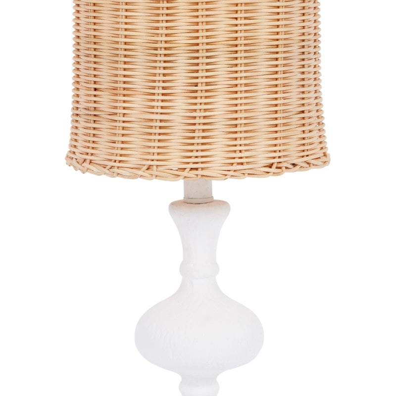 Poppy small table lamp, woven wicker shade with pedestal base in white gesso