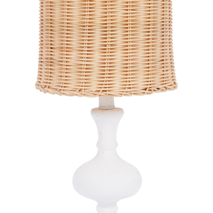 Poppy small table lamp, woven wicker shade with pedestal base in white gesso