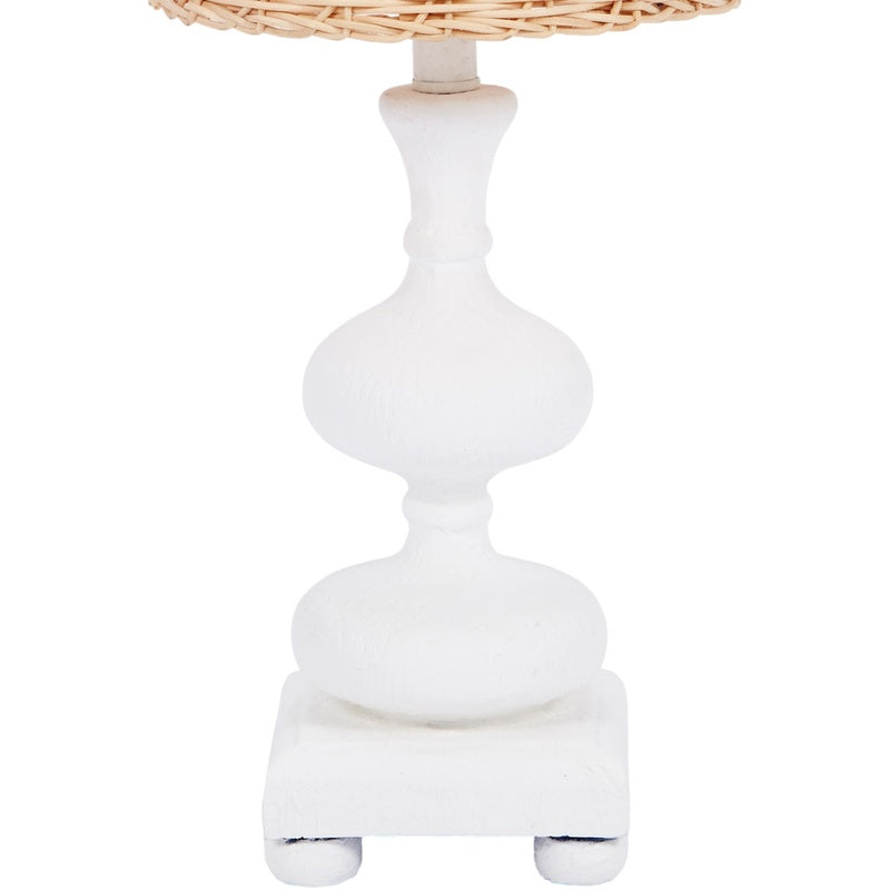 Poppy small table lamp close-up of white gesso base under woven wicker shade