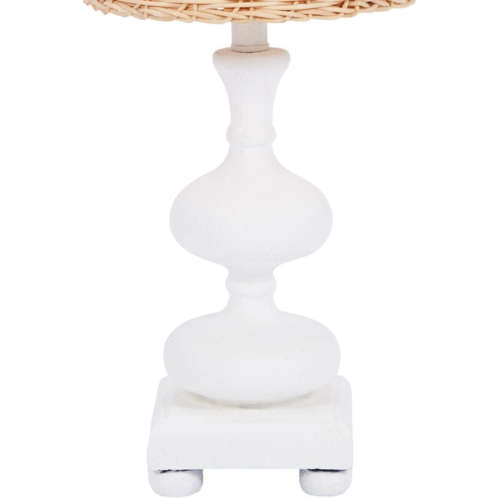 Poppy small table lamp close-up of white gesso base under woven wicker shade