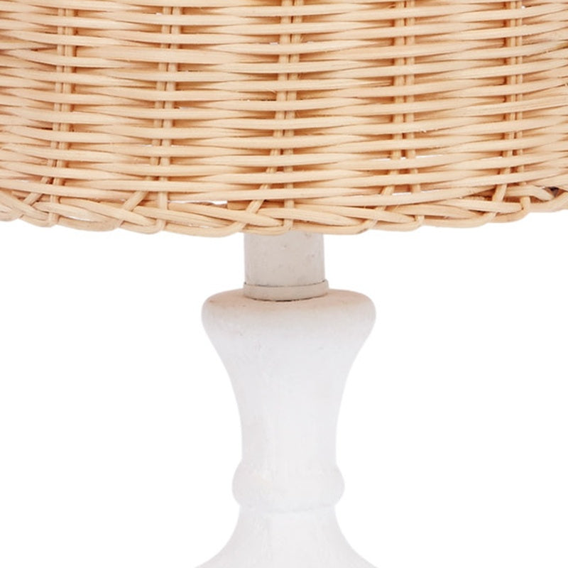 Poppy small table lamp detail of woven wicker shade rim and white gesso base