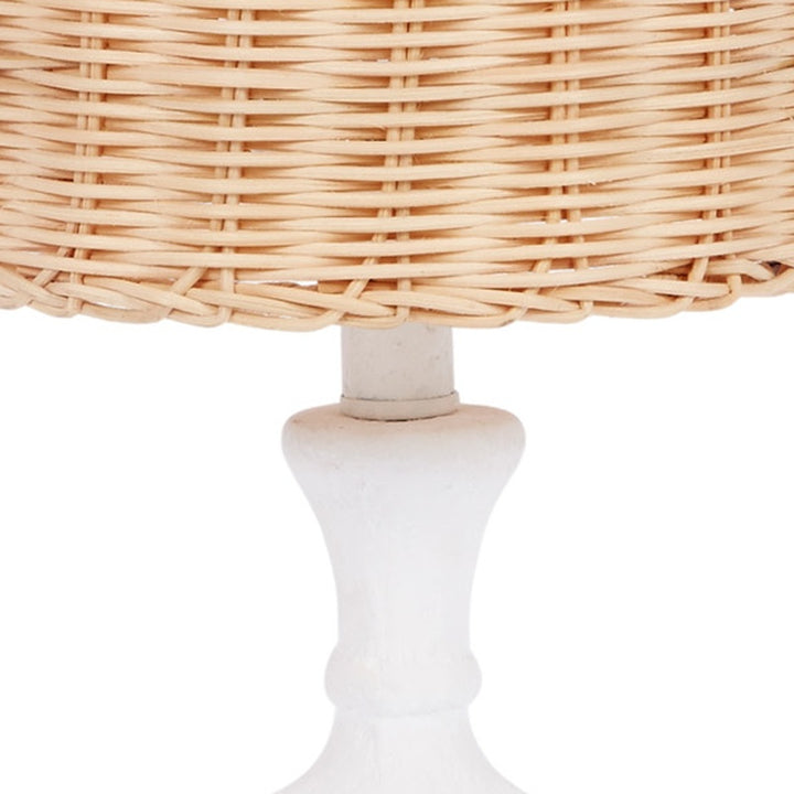 Poppy small table lamp detail of woven wicker shade rim and white gesso base