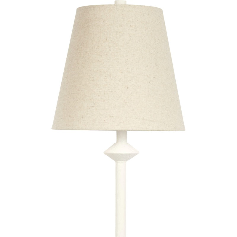 Leia white gesso buffet lamp with tan fabric drum shade and stepped white base