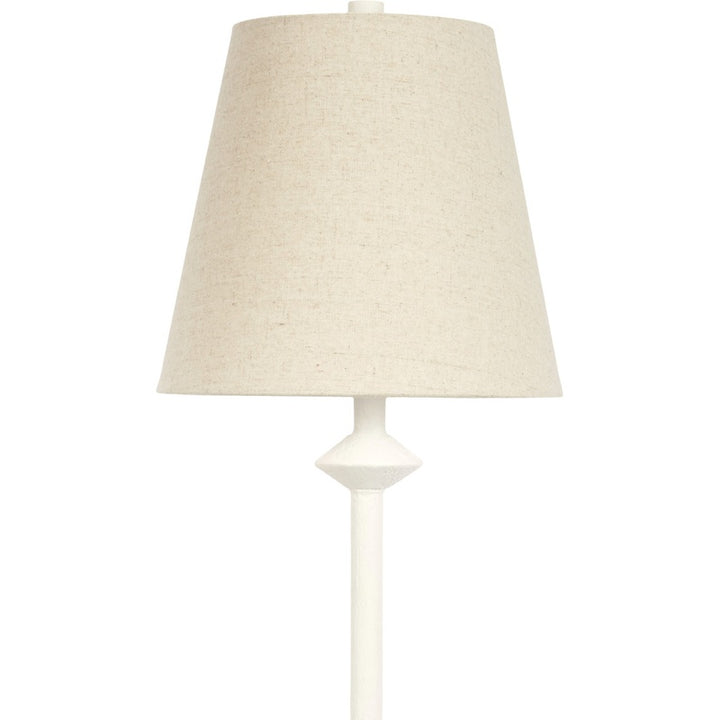 Leia white gesso buffet lamp with tan fabric drum shade and stepped white base