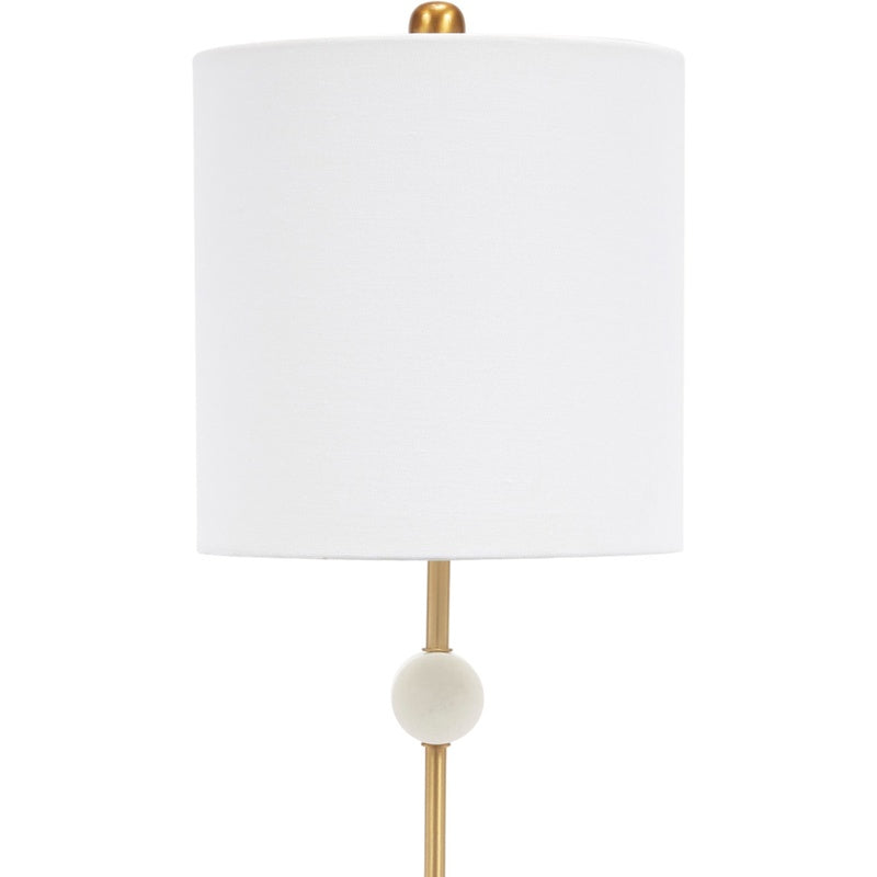 Gold stem buffet lamp with white fabric drum shade and white marble disc base