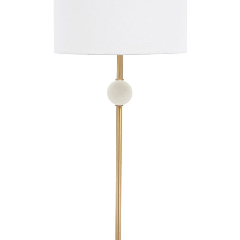 White marble disc accent on gold vertical stem under a white drum lamp shade
