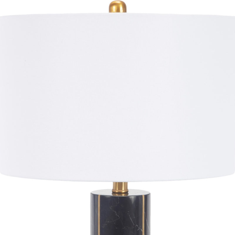 Brass-accent table lamp with black marble cylinder base and white fabric shade