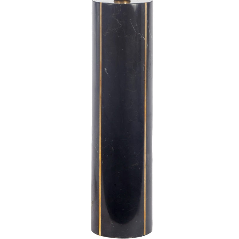 Black marble column lamp with brass top finial and white fabric shade