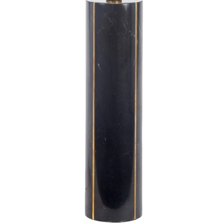 Black marble column lamp with brass top finial and white fabric shade