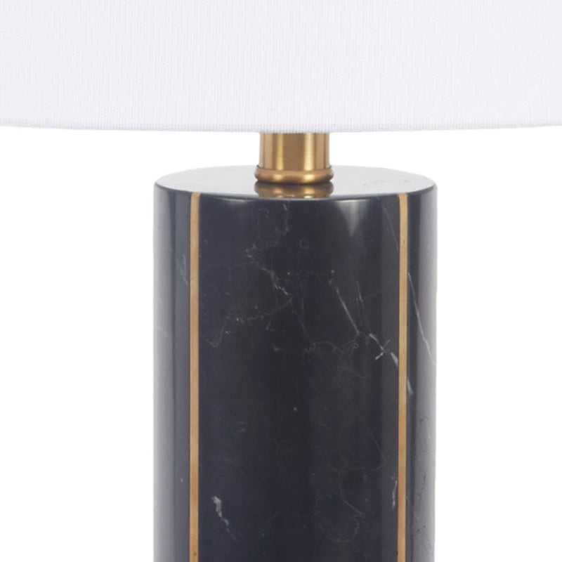 Black marble lamp base top with brass neck and white fabric drum shade