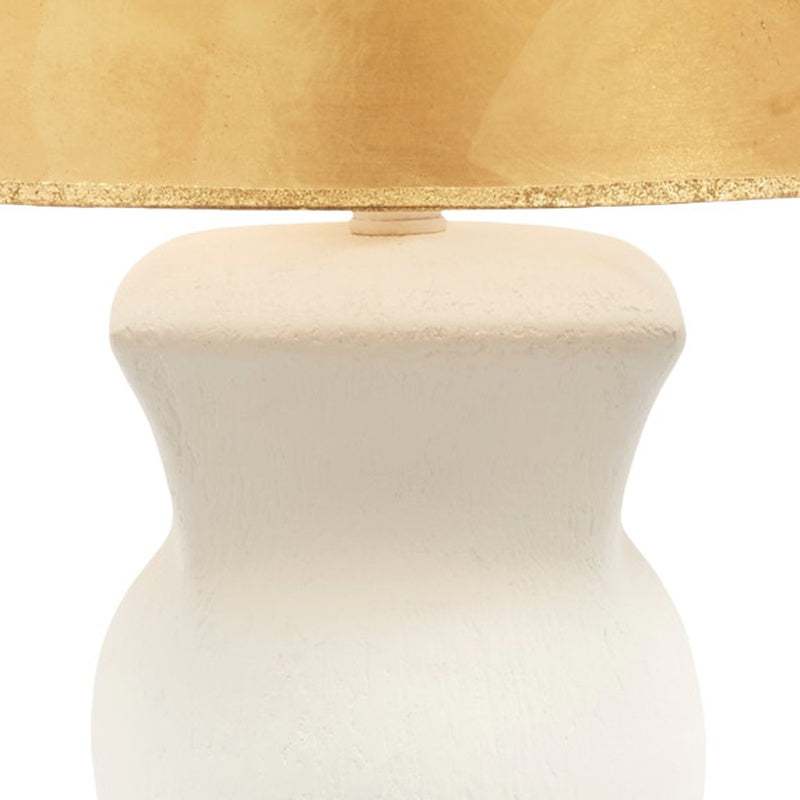Close-up of gold drum shade sitting on white gesso neck with gold stem