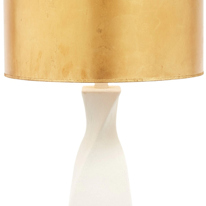 Table lamp drum shade with off-white hourglass base