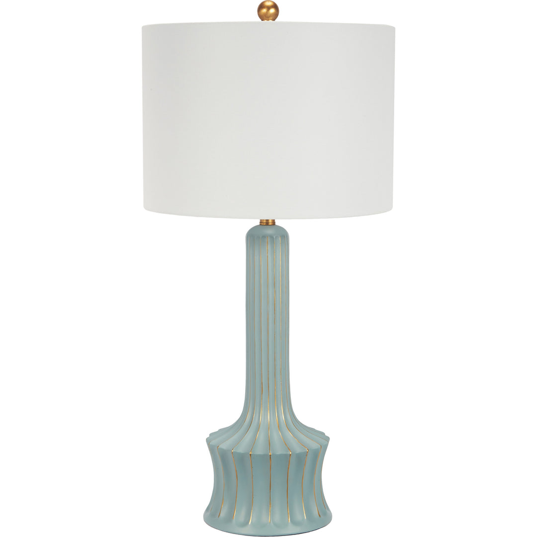 Chic Brianna teal resin table lamp with a sleek white base, ideal for modern living rooms or bedrooms.