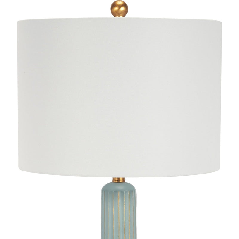 Teal table lamp with white drum shade and gold top finial