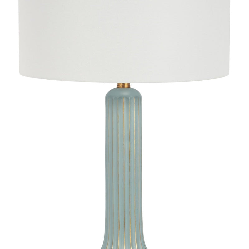 Teal table lamp base with vertical gold-lined ridges and white drum shade