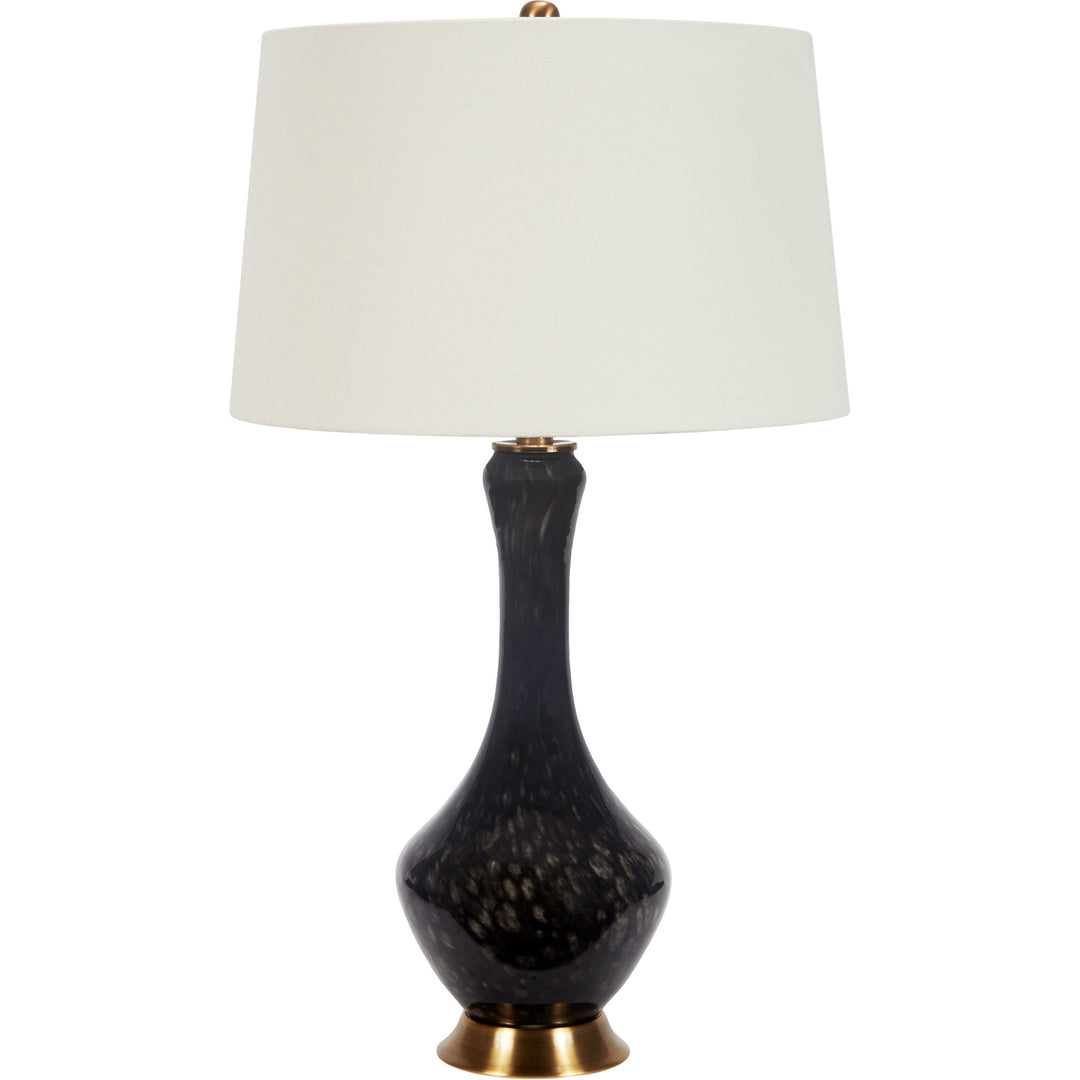 Landon black hand blown glass table lamp with brass base and white linen shade.