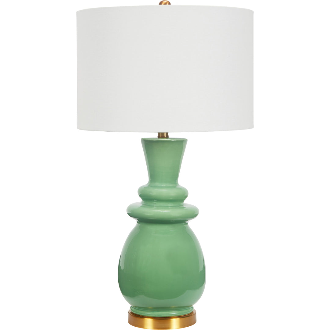 Elegant Sadie table lamp in green ceramic with white shade, perfect for bedrooms, living rooms, or office spaces.