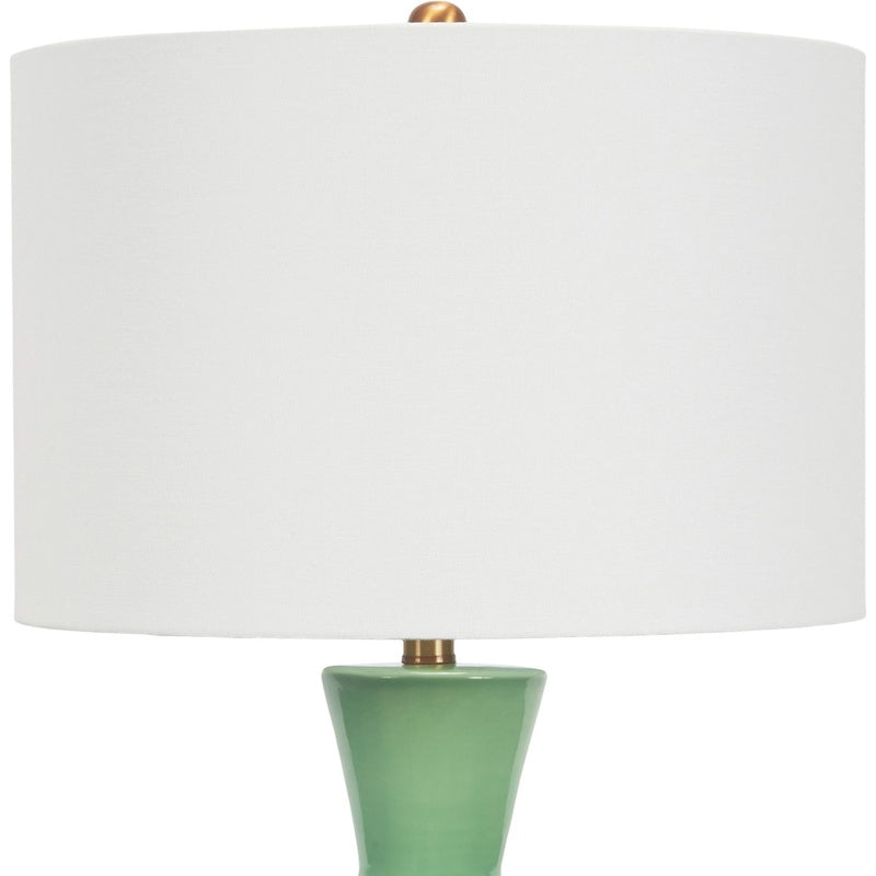 Ceramic table lamp with white fabric shade and green vase-style base