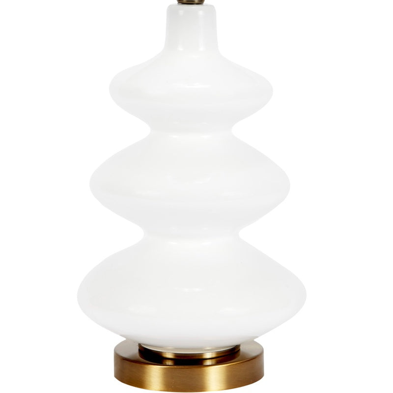 White glass table lamp with ribbed body, white drum shade, brass bottom ring