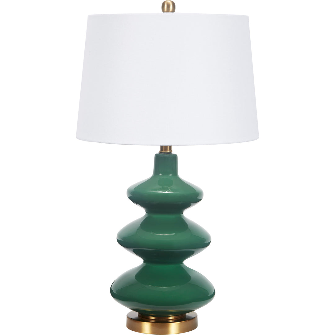 Elegant Arya table lamp in emerald green glass, perfect for bedrooms, living rooms, or office spaces.