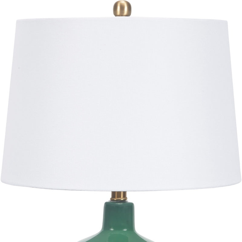 Emerald green glass table lamp with white fabric shade and brass accents