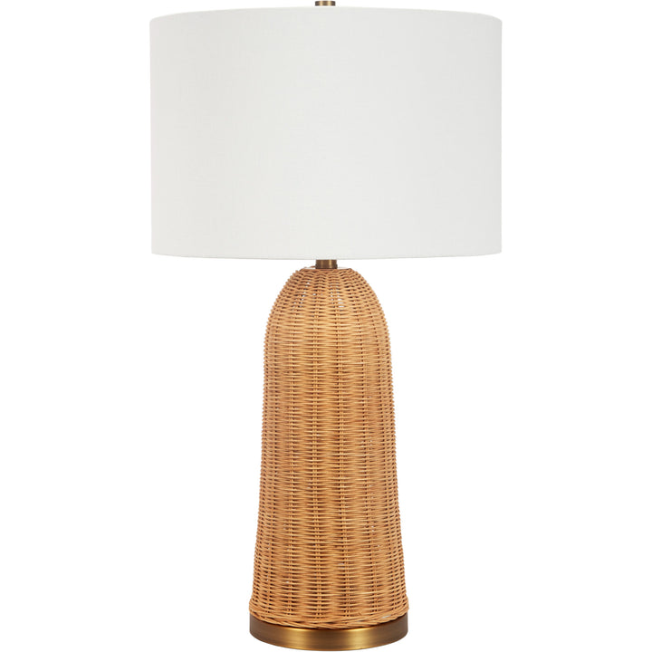 Elegant Freya table lamp featuring a rattan base with white linen shade, perfect for bedrooms, living rooms, or office spaces.
