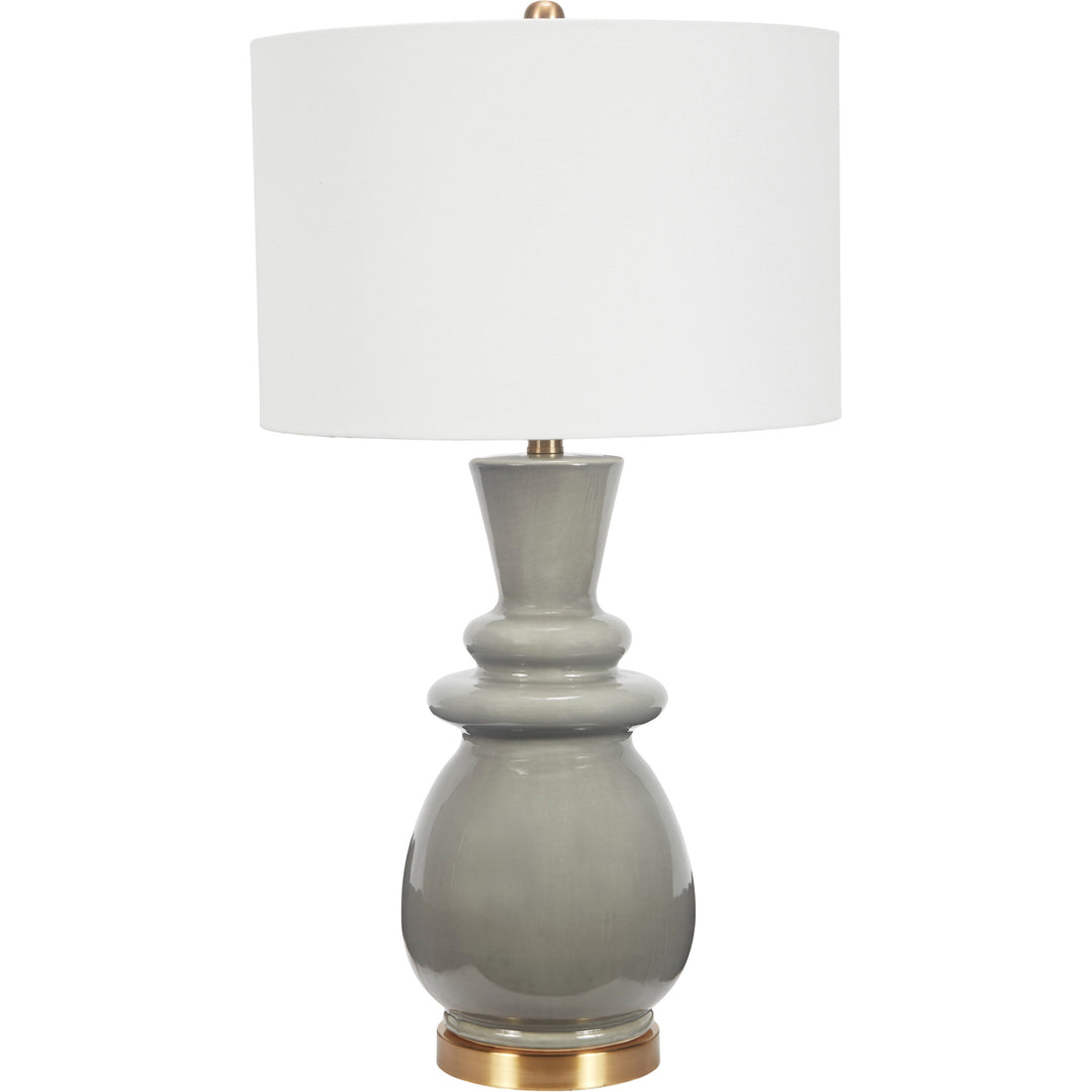 Elegant Sadie table lamp in grey ceramic with linen shade, perfect for bedrooms, living rooms, or office spaces.