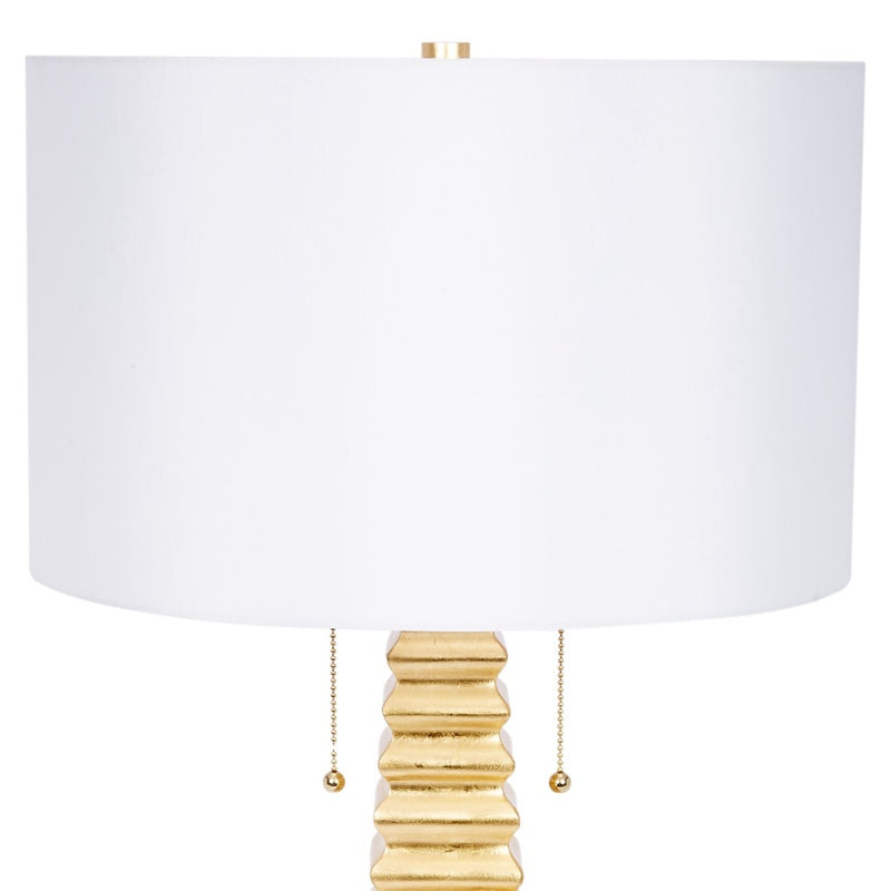 Jonas gold table lamp with white linen drum shade and ribbed gold column base