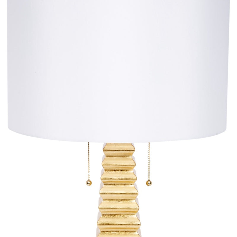 Jonas gold table lamp, white drum shade over ribbed gold stem with pull chains