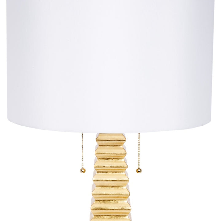 Jonas gold table lamp, white drum shade over ribbed gold stem with pull chains