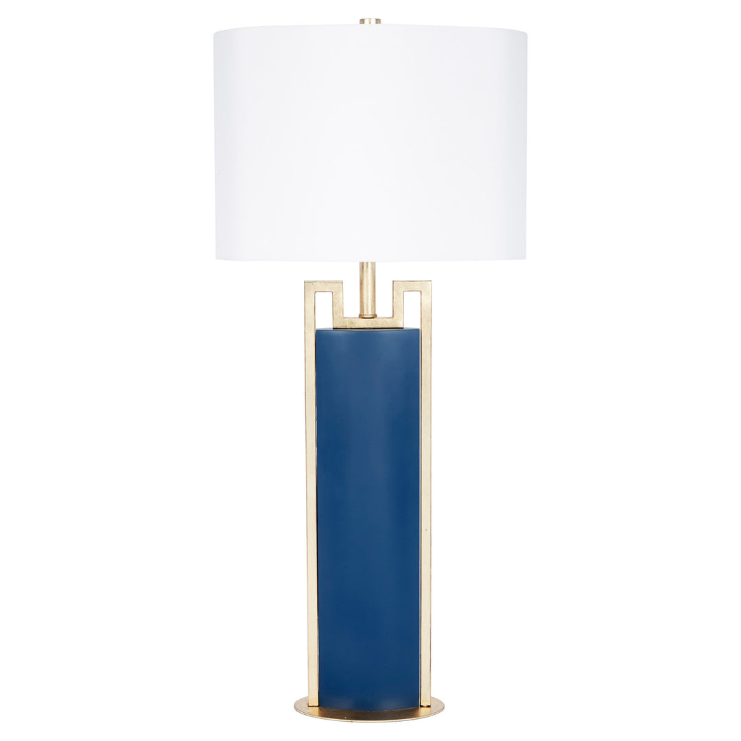 Elegant Yvette table lamp in Parisian blue with gold accents, perfect for bedrooms, living rooms, or office spaces.