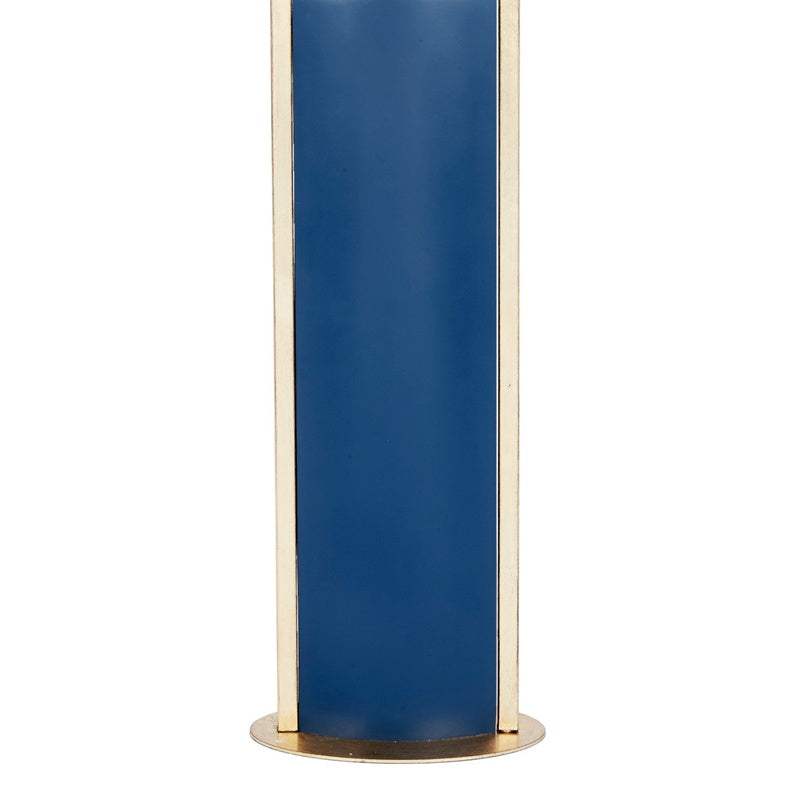 Blue column base table lamp with gold metal frame, shade not visible.