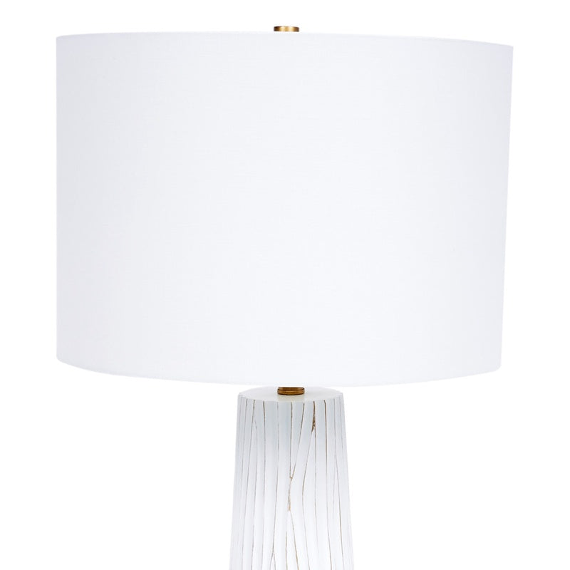 White buffet table lamp with drum shade, gold cap, ribbed white fabric base