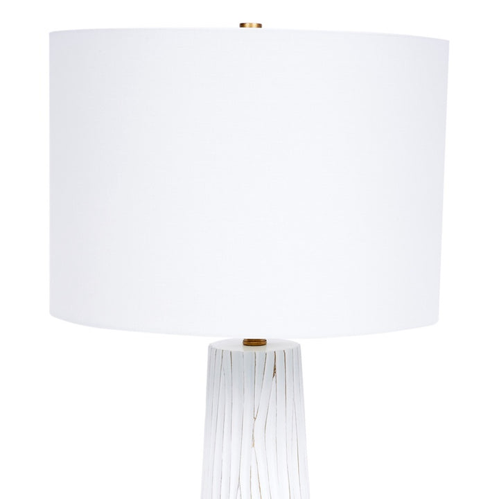 White buffet table lamp with drum shade, gold cap, ribbed white fabric base