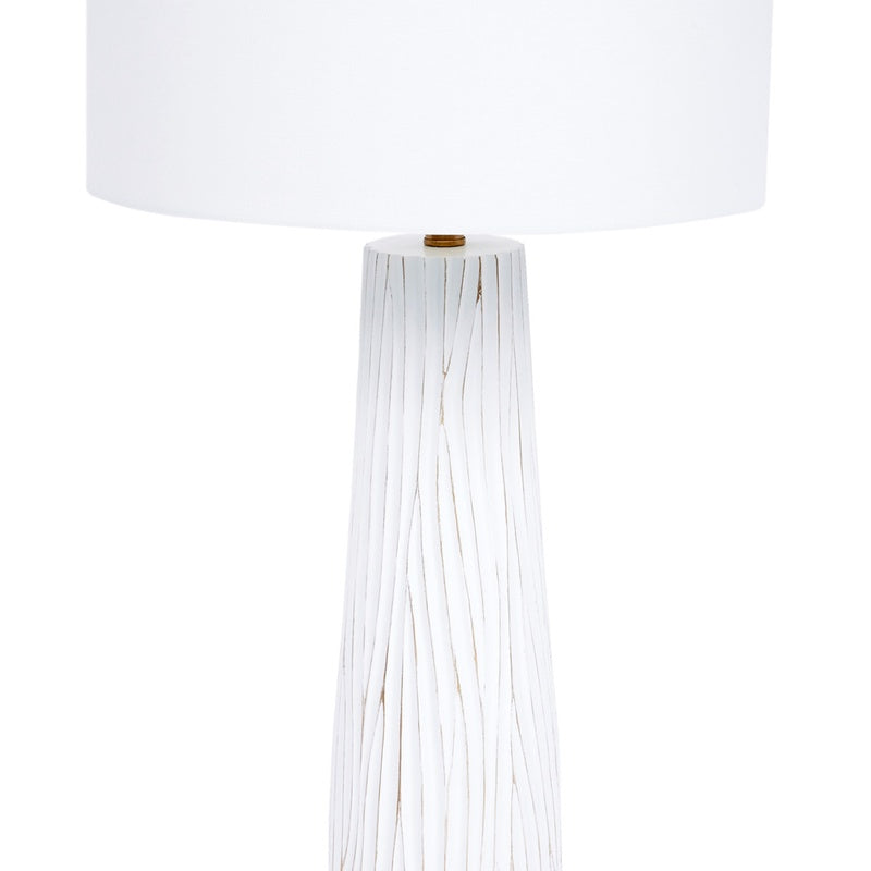 White buffet table lamp with drum shade and ribbed white fabric body, gold top