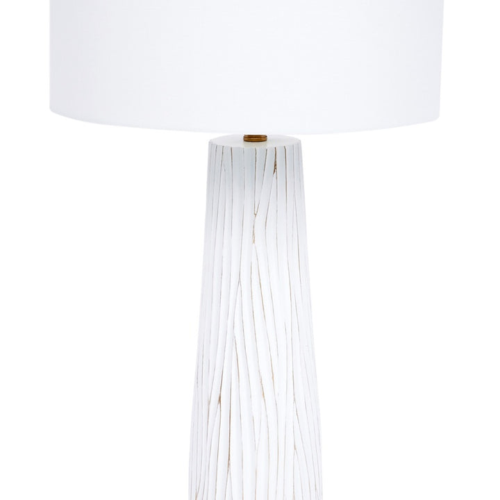 White buffet table lamp with drum shade and ribbed white fabric body, gold top
