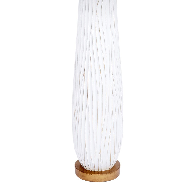 White buffet table lamp base with ribbed white fabric, gold-trimmed top, wood pedestal