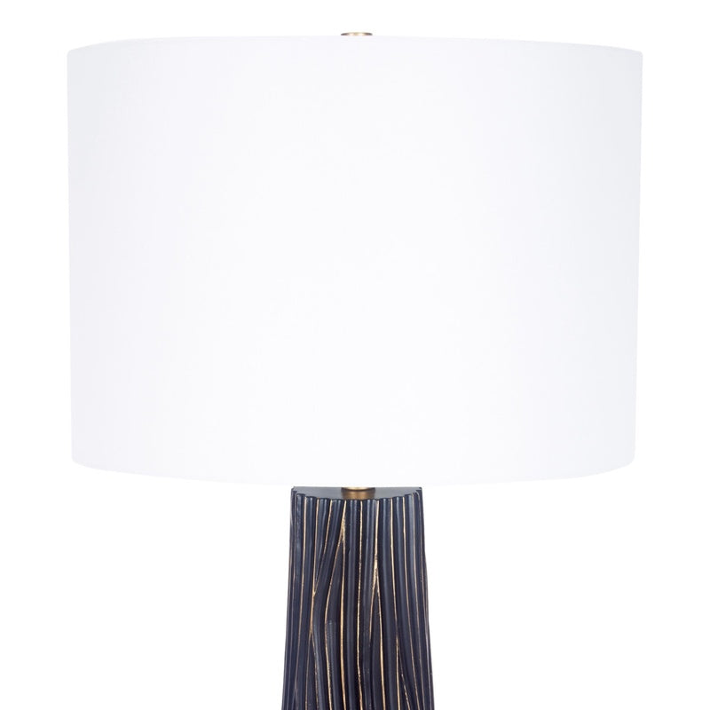 Black buffet lamp with white drum shade and gold-accented ribbed base
