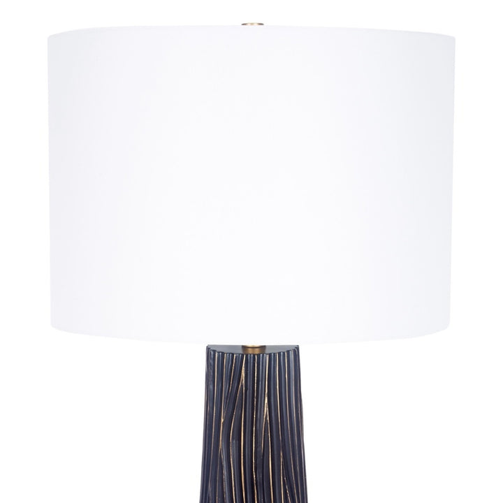 Black buffet lamp with white drum shade and gold-accented ribbed base