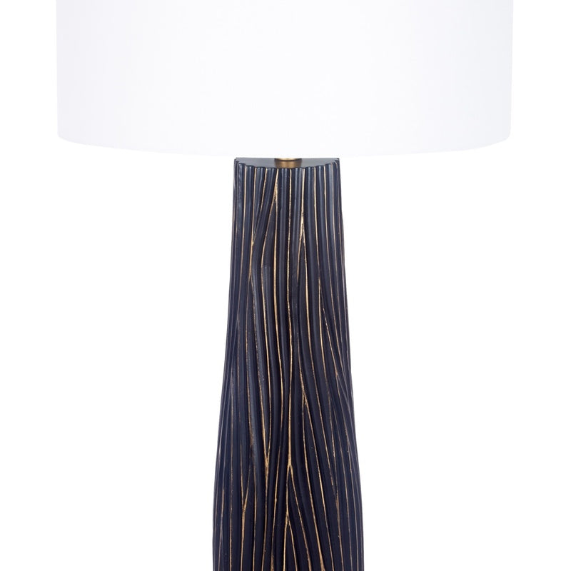 Black ribbed lamp base with gold top ring and white drum shade (partial)