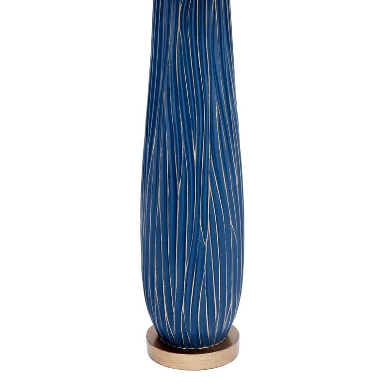 Table lamp with blue ribbed base, gold pinstripes, and wood base