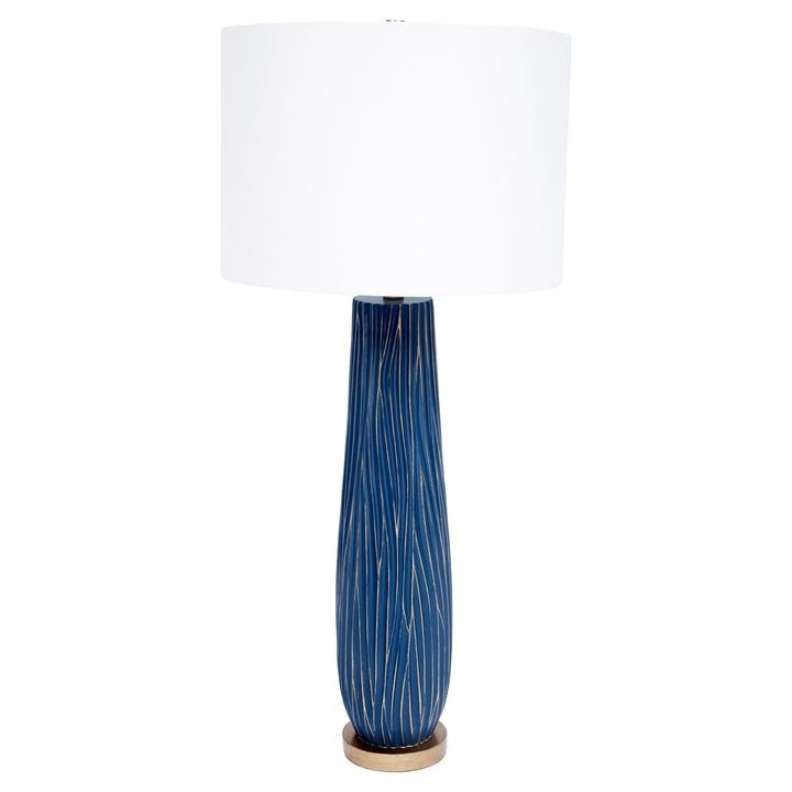 Elegant Heritage buffet lamp in Parisian blue ceramic with gold accents, perfect for living rooms, bedrooms, or entryways.