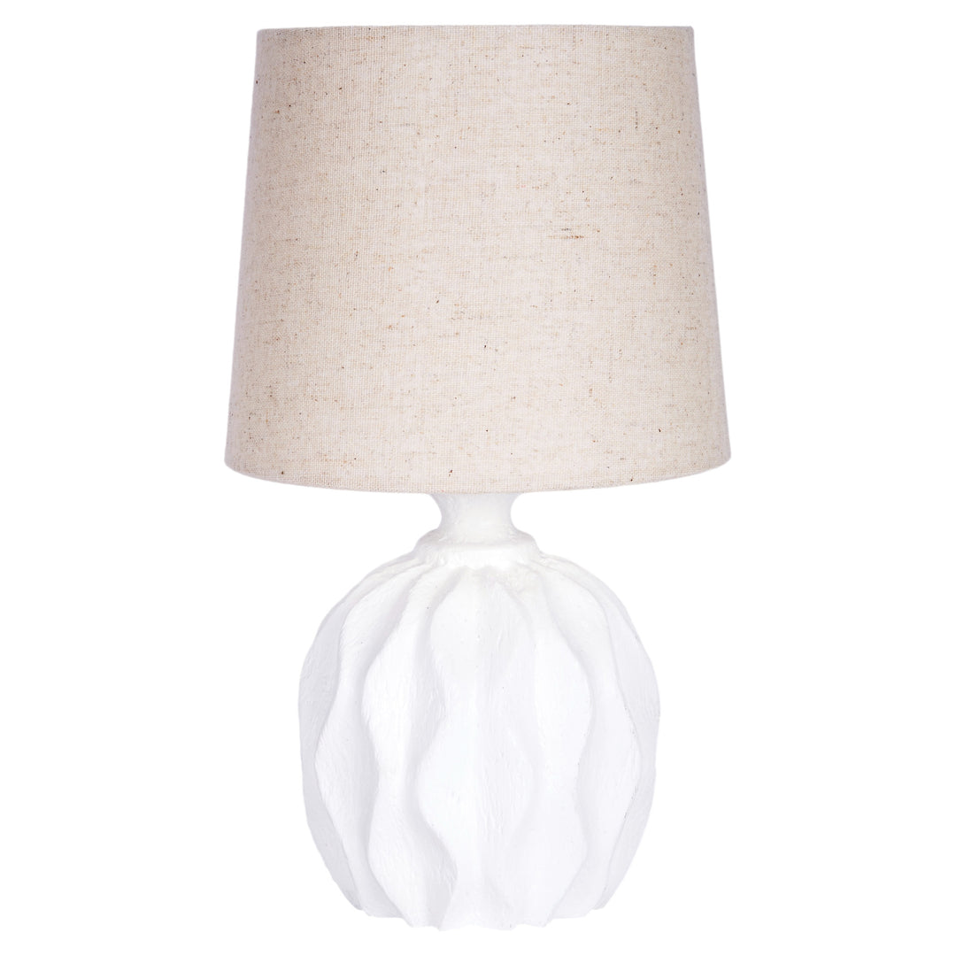 Stylish white gesso Hamilton mini lamp with linen shade, adding a touch of modern elegance and charm to any small space.