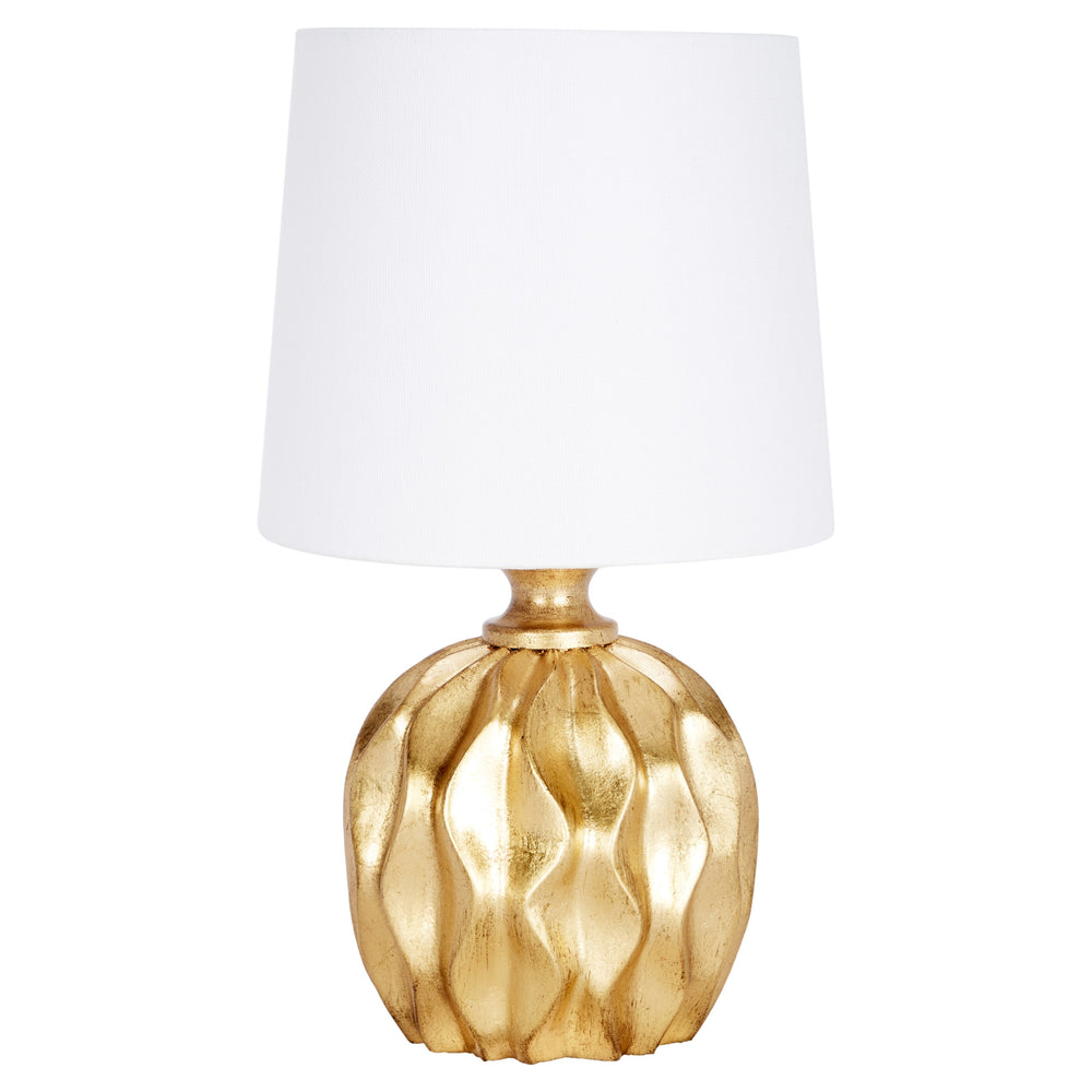 Stylish gold leaf Oscar mini lamp with linen shade, adding a touch of luxury and charm to any small space.