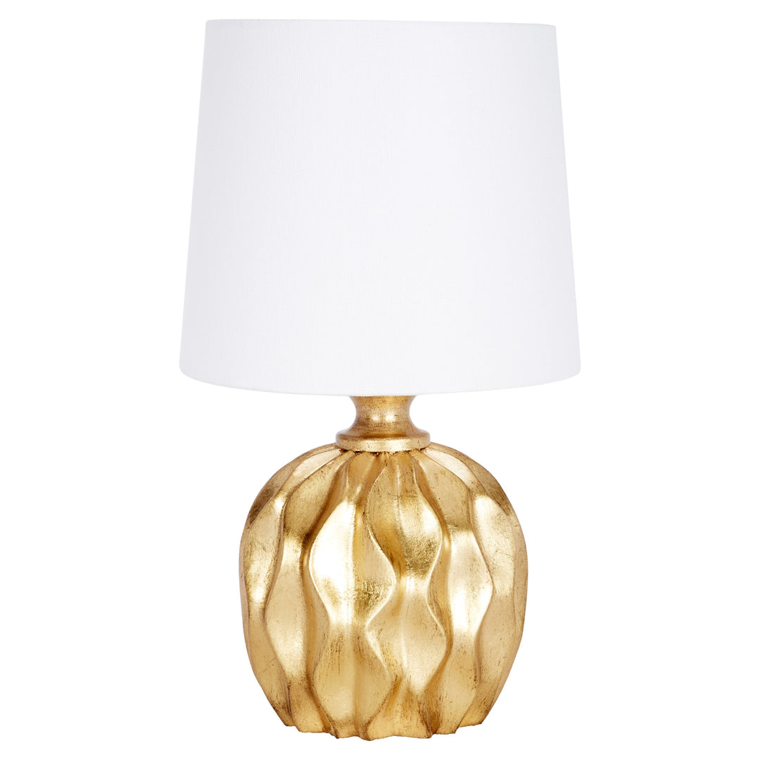 Stylish gold leaf Oscar mini lamp with linen shade, adding a touch of luxury and charm to any small space.