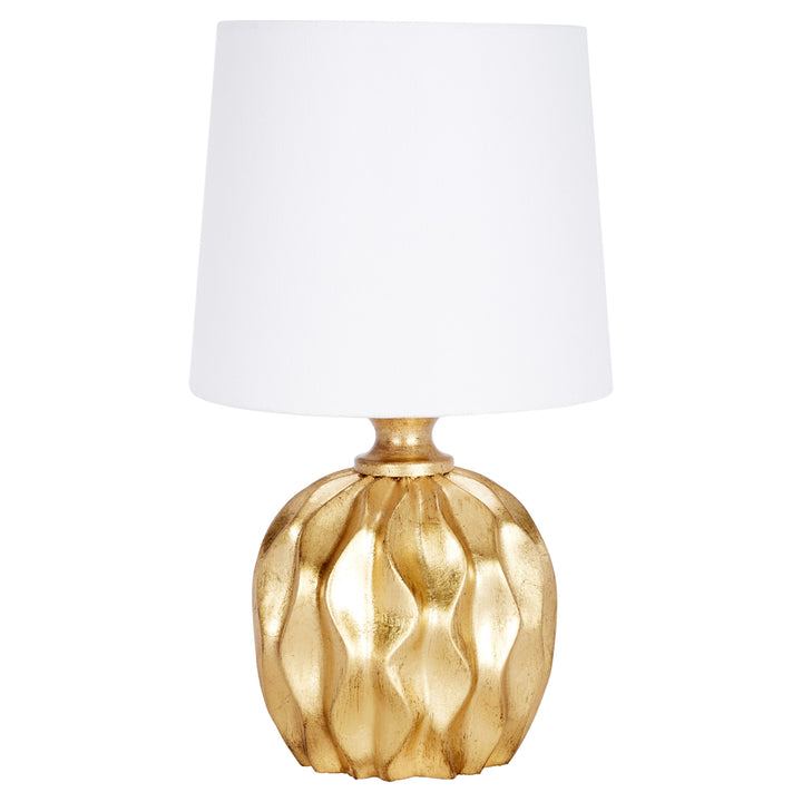Stylish gold leaf Oscar mini lamp with linen shade, adding a touch of luxury and charm to any small space.