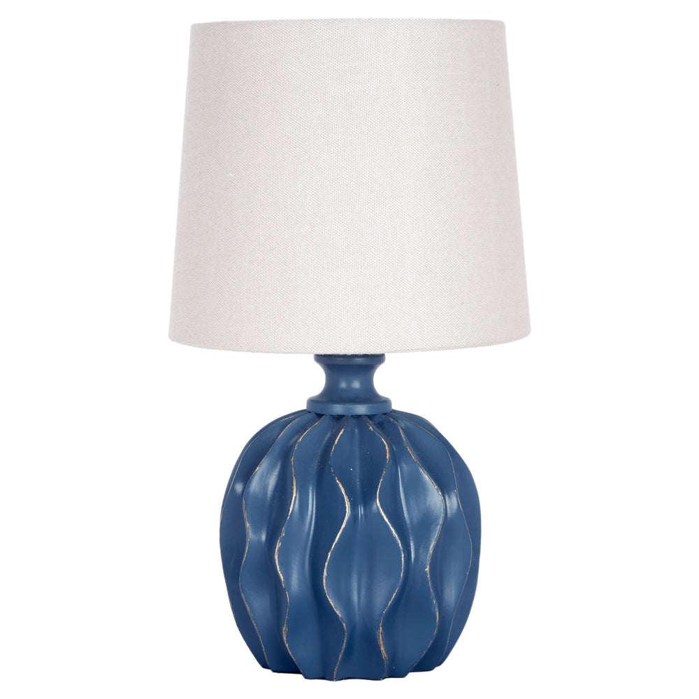 Stylish Parisian blue mini Felicia lamp with linen shade, adding a touch of color and charm to any small space.
