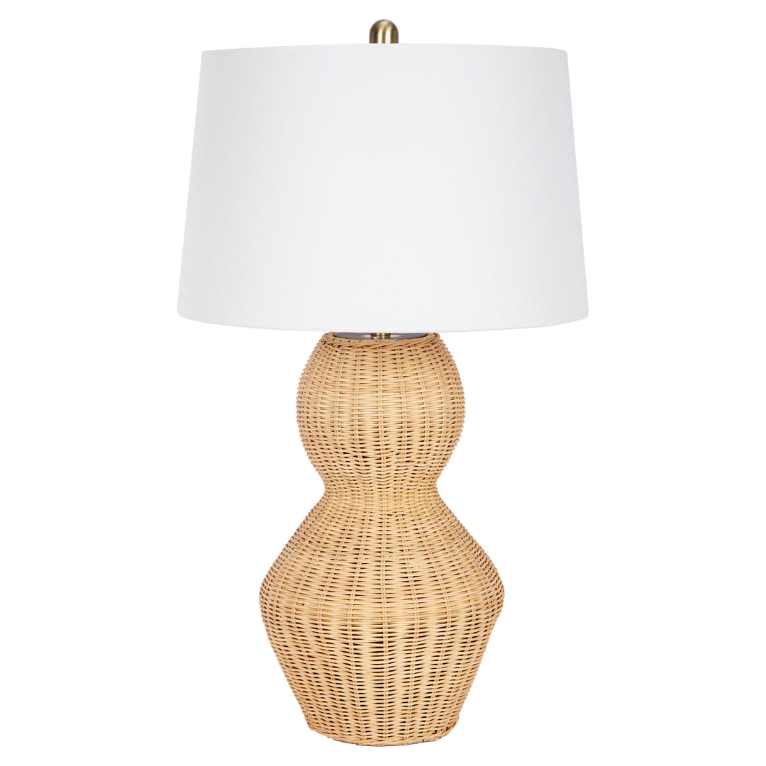 Estella rattan table lamp with white linen drum shade and woven beige body