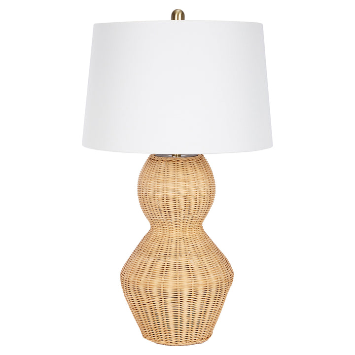 Estella rattan table lamp with white linen drum shade and woven beige body