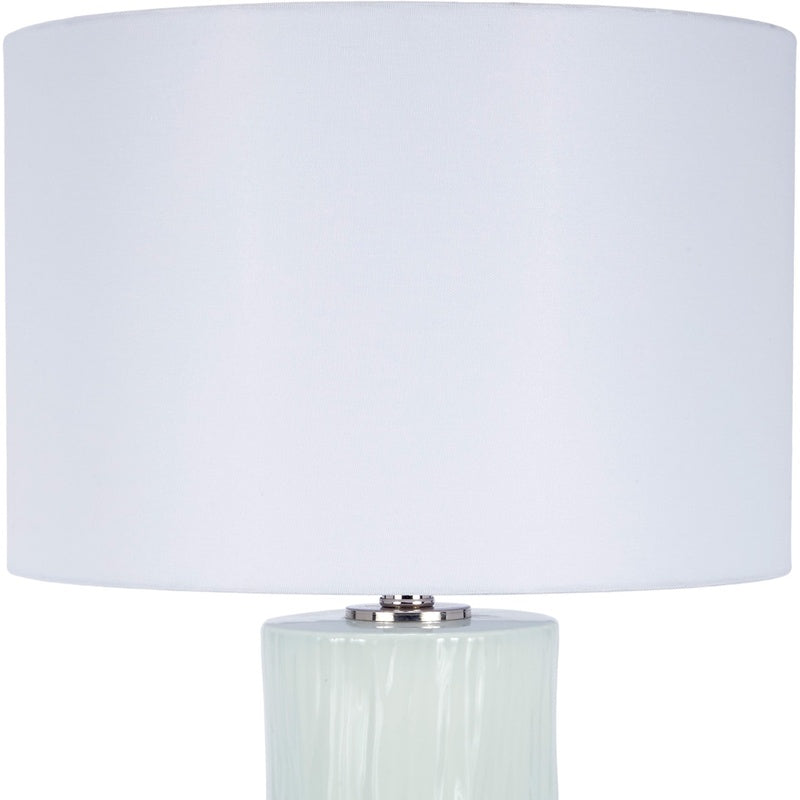 Ceramic table lamp with white fabric shade and mint green column base, chrome knob
